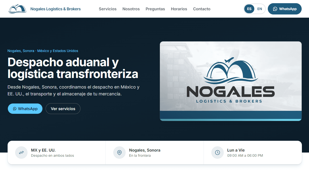 Página de inicio de una agencia aduanal y de logística en Nogales, Sonora, con despacho en México y Estados Unidos